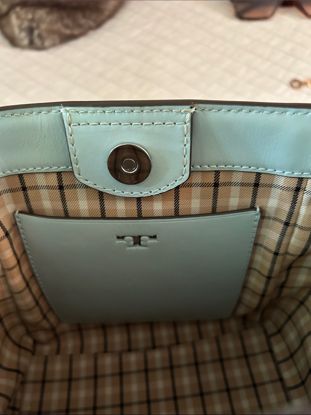 Tory Burch McGraw bucket canvas small tote bag cream blue - Picture 7 of 16